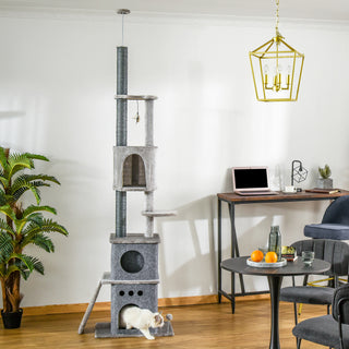 Lofthøjt XXL Kradsetræ 225-255 cm til små katte, Højdejusterbart med Kattelegetøj og Sisal, Lysegrå