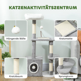 Kradsetræ 107 cm Kattetårn med Hule, 2 Plysbolde, Sisalstolper, Stor Platform, 55 x 40 x 107 cm, Grå