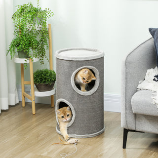 Kradsetønde, 60 cm høj, Ø 35 cm, toetagers kattetønde med 2 huler, plyskant, til 1-2 katte op til 5 kg, lysegrå