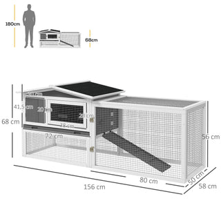 Kaninbur til Dværgkaniner med Udendørs Løbegård, Gulvbakke, Rampe, Træbur til Små Dyr, Marsvineindhegning med 2 Niveauer, Udsynsvindue, 156x58x68 cm, Lysegrå