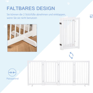 Hundegitter, 4 dele, 220 x 91 cm, Sammenklappelig Sikkerhedsgitter med Dør, Fritstående Hundegitter med 2 Støttefødder, Trætrappegitter til Entre, Køkken, Trapper, Hvid