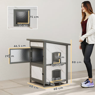 Udendørs kattehus, kattehus i træ, flere indgange, vinduer, vandtæt, 60 x 60 x 88 cm, hvid