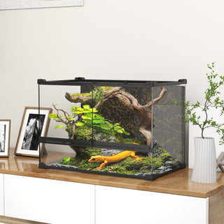 Terrarium til krybdyr, glasterrarium 48L med frontventilation, stenbaggrund, drejelås, 50 x 30 x 35 cm, sort