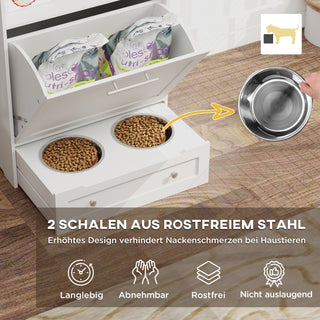 Foderskab til kæledyr med 2 skåle i rustfrit stål, 3 kroge, foderskab til kæledyr med opbevaringsskab, åbent rum og vippedør, foderstation til hunde, 61 x 35,5 x 82 cm, hvid