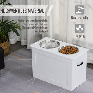 Hundeskål med opbevaringsplads, 2 skåle i rustfrit stål, foderstation, 60x30x41cm, hvid til hunde