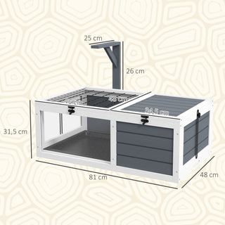 Skildpaddehus, krybdyrkasse med 2 rum, låg, plastbakker, vindue, træ, grå