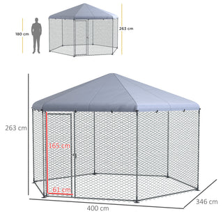 Hønsehus 400 x 346 x 263 cm Stålbur til Fritgående Høns med Overdækning og Dør til 10-15 Høns, Små Dyr, Grå