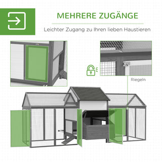 Træhønsehus med Redekasse, Rampe, Dobbelt Kravlegård, Grå