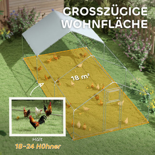 Hønsehus til fritgående høns lavet af stål, 300 x 600 x 195 cm hønsebur med UV-bestandigt overtræk, foderlem, hængende foderautomat, siddepind, hønsegård til 18-24 høns, små dyr, sølv