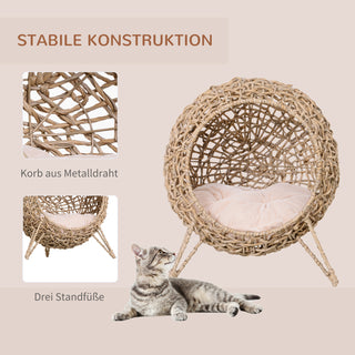 Rattan Kattehus med Hynde Katte Soveplads Kattehule med Hævede Fødder Naturlig Ø52 x 58 cm