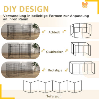 Hvalpegård 76 cm høj, 8-delt hvalpegård med lås, gør-det-selv udendørs hundegård til mellemstore hunde, marsvin, kaniner, metal, sort