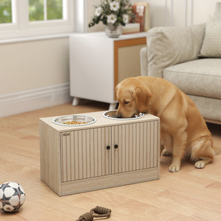 Hundefoderstation med 2 skåle i rustfrit stål, redskabsskab, til store hunde, tilbehør, træ