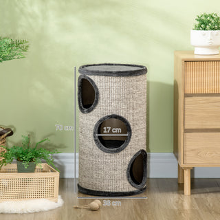 Kradsetønde til Katte i Plysdesign, 3 Niveauer med 3 Huler og Sisalreb, Kradseflade, 38 x 38 x 70 cm, Grå til Katte