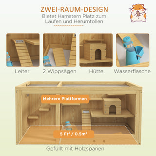 Hamsterbur, Træbur til Små Dyr, Legehus til Gerbiler, med Gynger, Stiger, Tag der kan åbnes, Hytte, 100 cm, Naturlig