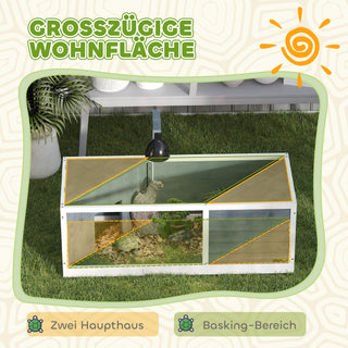 Træskildpaddehus, Skildpaddeindhegning med to hovedhuse, hængslet top, lysstativ, transparent frontpanel, 120 x 50 x 40 cm, grå