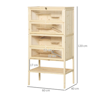 Hamsterbur lavet af træ 5 etager Nagarium gnaverbur smådyrsbur med gitter tagramper, træbur musebur stort bur til hamstere dværghamstere 60 x 40 x 120 cm naturligt træ