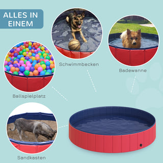 Sammenklappeligt hundebadekar, hundebassin, børnebassin, swimmingpool, vandbassin til hunde og katte, swimmingpool af plastik og træ, rød, Ø160 x 30H cm