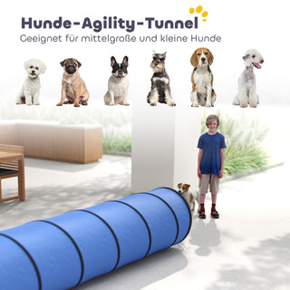Agilitytunnel til hunde 300 x 50 cm. Hundetunnel med 4 jordankre. Bæretaske. Legetunnel til små og mellemstore hunde. Blå.