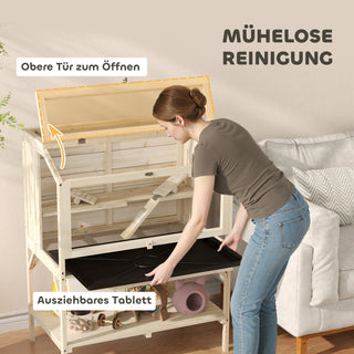 Hamsterbur, 2 niveauer, bur til små dyr med opbevaringsrum, tilbehør, 84 x 53 x 110 cm, naturtræ