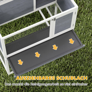 2-etagers trækaninbur med vejrbestandigt, hængslet tag, løbegård, rampe, 98x95x102,5 cm, grå