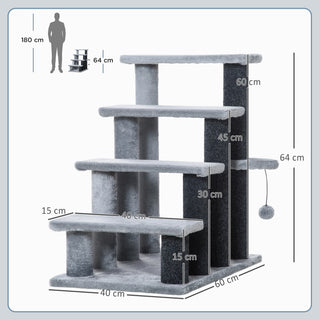 Kattetrappe 64 cm høj til seniorkatte, 4 trin med legebold og platform lavet af jute og plys i grå