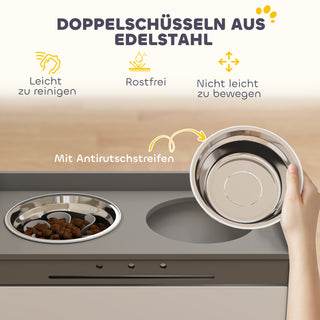 Hundeskål, hævet foderskål med opbevaringsskab, 2 skåle med skridsikre ringe, 60 x 30 x 35,5 cm, hvid