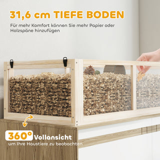 Hamsterbur i træ, 3 niveauer, gnaverbur, bur til små dyr med vippe, løbehjul og hytte, 95 x 53 x 76 cm, naturtræ