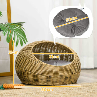 Rattan Kattekurv Kattehus med Hynde til Katte op til 4 kg, Indendørs Kattehule Lavet af PE-Rattan, Ø50 x 31 cm, Lysebrun til Hyggelige Retreats