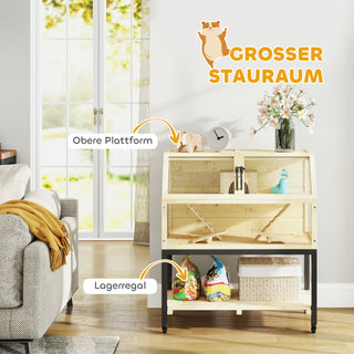 Træbur til Dværghamstere, 87 x 43 x 101 cm Gnaverbur med Opbevaringsplads, Vandflaske, Hytte, Vippebræt, Smådyrsbur med Hjul, Ramper, Naturtræ