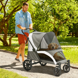 Hundeklapvogn, Sammenklappelig Hundeklapvogn til Store Hunde og Katte op til 30 kg, Katteklapvogn med Pude, Netvinduer, Døre, Opbevaringspose, Katteklapvogn med Sikkerhedsliner, Bremser, Klapvogn, Mørkegrå