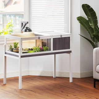 Skildpaddehus/indhegning i træ med hovedhus, vindue og låg, 104 cm x 53 cm x 82 cm, hvid og grå.