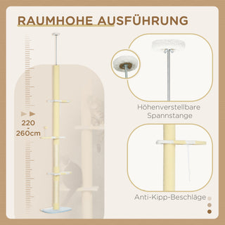 Kradsetræ, Lofthøjt Kradsetræ, 220-260 cm, Klatretræ med Legebold, Højdejusterbart Kradsetræ, Legetræ med Anti-Tip Beskyttelse, Plys, Gul