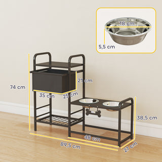 Hævet hundeskål, højdejusterbar, madskål med opbevaringsplads, vandskål, 2 x 800ml skåle i rustfrit stål, 89,5x27x74 cm, sort