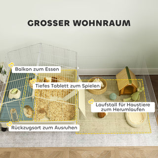 Bur til små dyr med kravlegård, kaninbur, bur til små dyr med vandflaske, høfoderautomat, foderskål, rampe, gnaverbur med hjul til marsvin og pindsvin, hvid