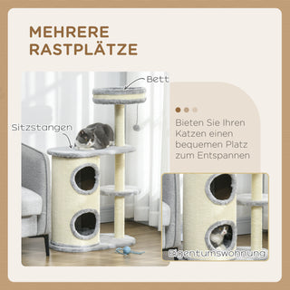 Kradsetræ med 2 huler, sisalrebstolper, flere platforme, blødt plys og boldlegetøj, grå 59x35x100 cm