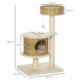Rattan Kradsetræ med Kattehule og Boldlegetøj, Kradsetræ til Små Katte, Naturlig og Beige