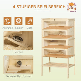 Hamsterbur lavet af træ 5 etager Nagarium gnaverbur smådyrsbur med gitter tagramper, træbur musebur stort bur til hamstere dværghamstere 60 x 40 x 120 cm naturligt træ
