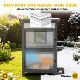 Udendørs kattehus, kattehus i træ, flere indgange, vinduer, vandtæt, 60 x 60 x 88 cm, hvid