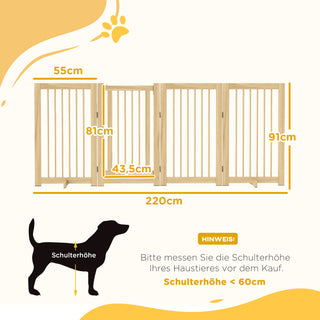Hundegitter, 4-delt, 220 x 91 cm foldbar sikkerhedsgitter med dør, fritstående hundegitter i træ med 2 støttefødder, trappegitter