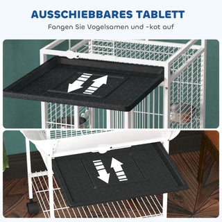 Fuglebur, papegøjebur med 3 døre, 2 siddepladser, 360° hjul, madskål, hylde, legeområde, 62,5x62,5x156 cm, hvid