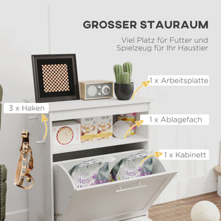 Foderskab til kæledyr med 2 skåle i rustfrit stål, 3 kroge, foderskab til kæledyr med opbevaringsskab, åbent rum og vippedør, foderstation til hunde, 61 x 35,5 x 82 cm, hvid