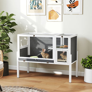 Smådyrsbur til dværghamstere, kaniner, marsvin, med tilbehør, hævet design, træ, metal, grå