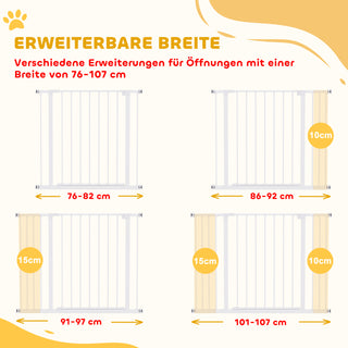 Dørsikkerhedslåge, Trappesikkerhedslåge uden boring, Hundebarriere, Kæledyrssikkerhedslåge, Hundegitter, Klemmemontering, Metal, Hvid, 76-107 x 76 cm
