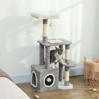 Kradsetræ 107 cm Kattetårn med Hule, 2 Plysbolde, Sisalstolper, Stor Platform, 55 x 40 x 107 cm, Grå