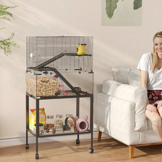 Hamsterbur, indhegning til små dyr med 3 niveauer, løbehjul, bur, platforme, ramper, madskål, vandflaske, tilbehør, stål, plastik, sort