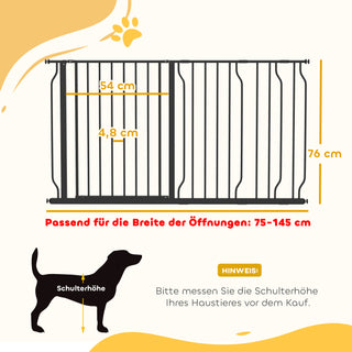 Hundegitter, 75-145 cm, Justerbar, 2-vejs åbning, Dobbelt låsesystem, Montering uden boring, ABS, Stål, Sort