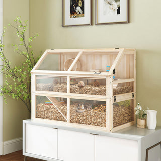 Hamsterbur i træ, 3 niveauer, gnaverbur, bur til små dyr med vippe, løbehjul og hytte, 95 x 53 x 76 cm, naturtræ