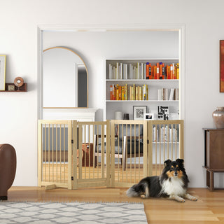 Hundegitter, 4-delt, 220 x 91 cm foldbar sikkerhedsgitter med dør, fritstående hundegitter i træ med 2 støttefødder, trappegitter