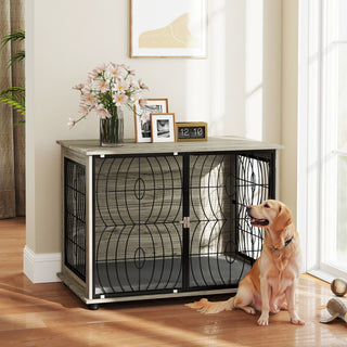 Hundebur til Hjemmet, Hundehus, Indendørs Kæledyrsbur med Hynde, Hundehus med Vindue, Hundebur til Store Hunde, Grå, 100 x 60 x 73,5 cm