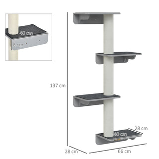 Vægmonteret kradsetræ til katte med klatrevæg, 66x28x137cm, lysegrå beige, ideel til katteelskere